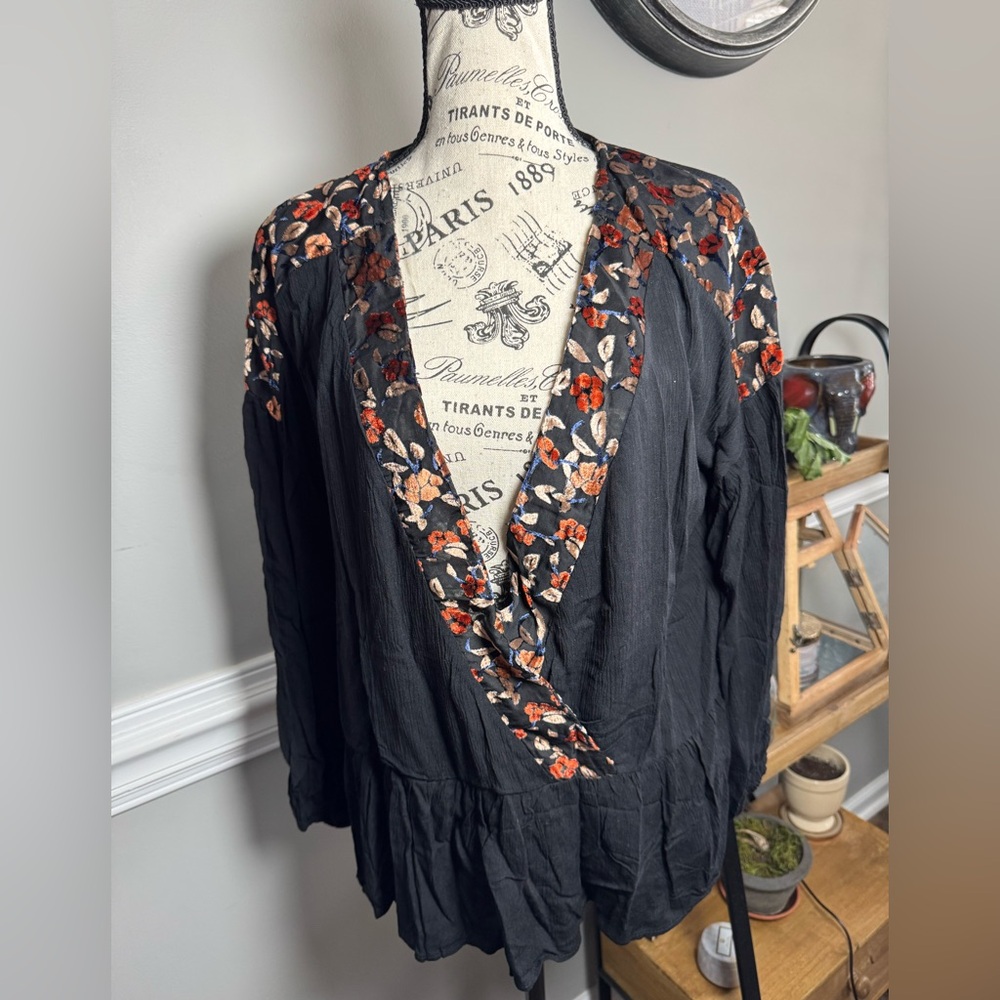 Hummingbird Black Blouse with Floral Accents